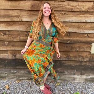 Darn Good Yarn Zaria Bohemian Orange and Green Maxi Dress